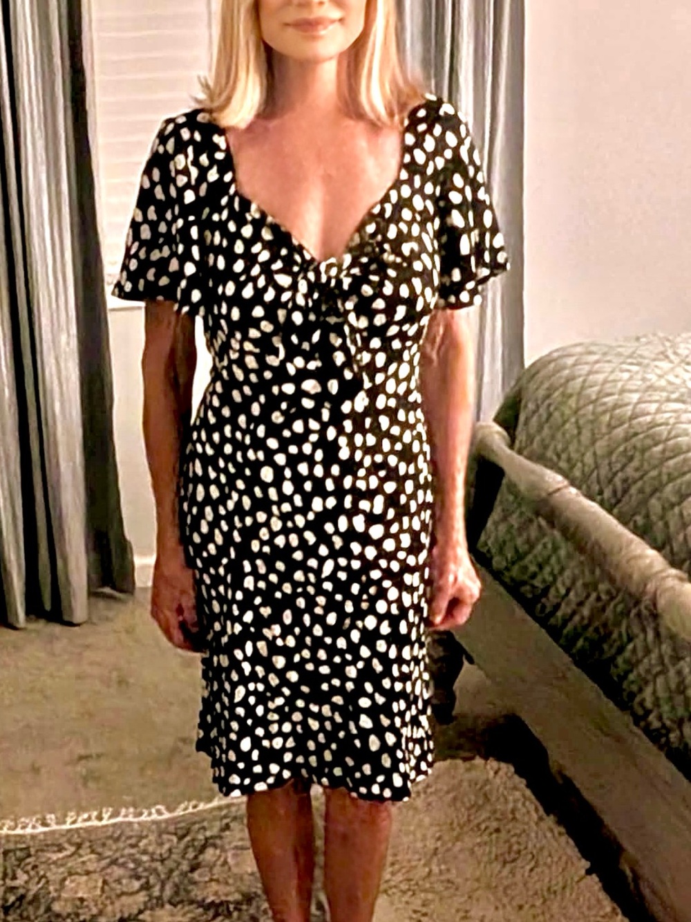 LOFT Black Dress with White Spot Print and Tie Front